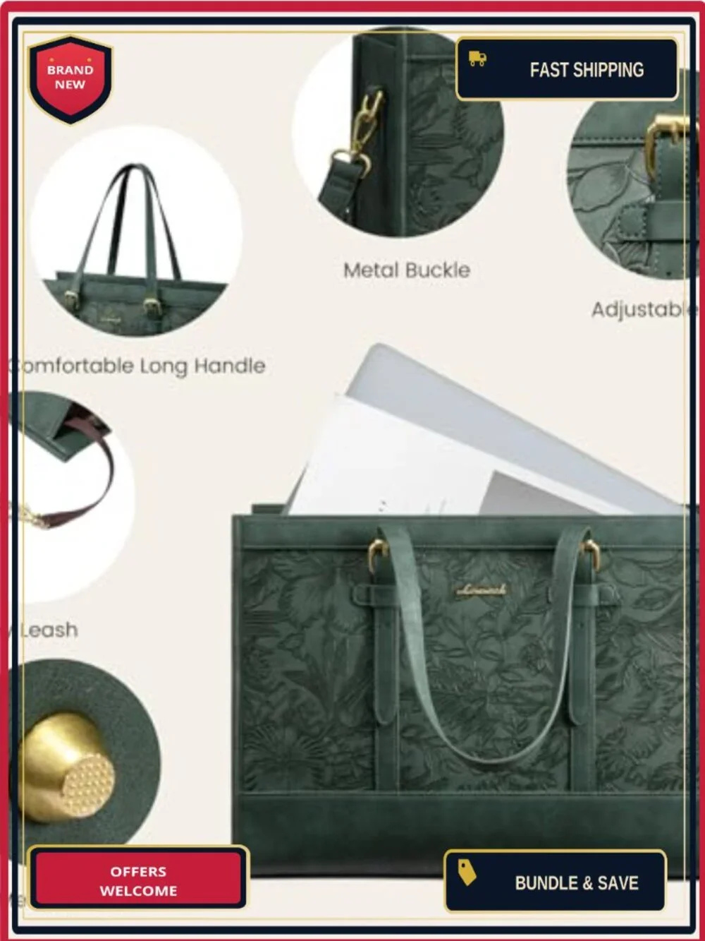 Vintage PU Leather Laptop Tote Bag for Women 15.6 Inch Work Bag